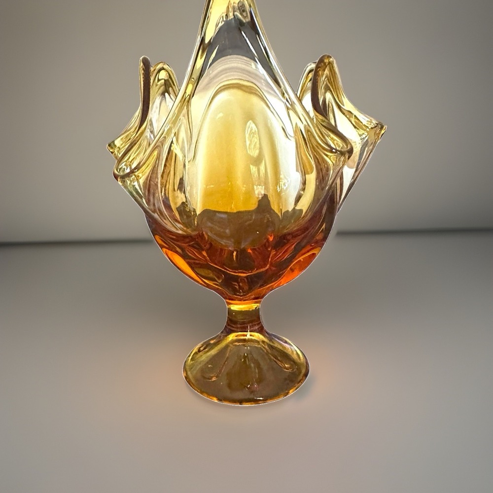 Viking Amber Art Glass Handkerchief Vase Six Petal Pedestal Mid Century 7.75" T
